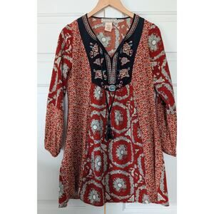 Flying Tomato Boho Mixed Print Embroidered Tunic Top/Dress